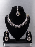 Black Stone and Silver Diamond Jewellery Set with Necklace, Maang Tikka, and Earrings.
