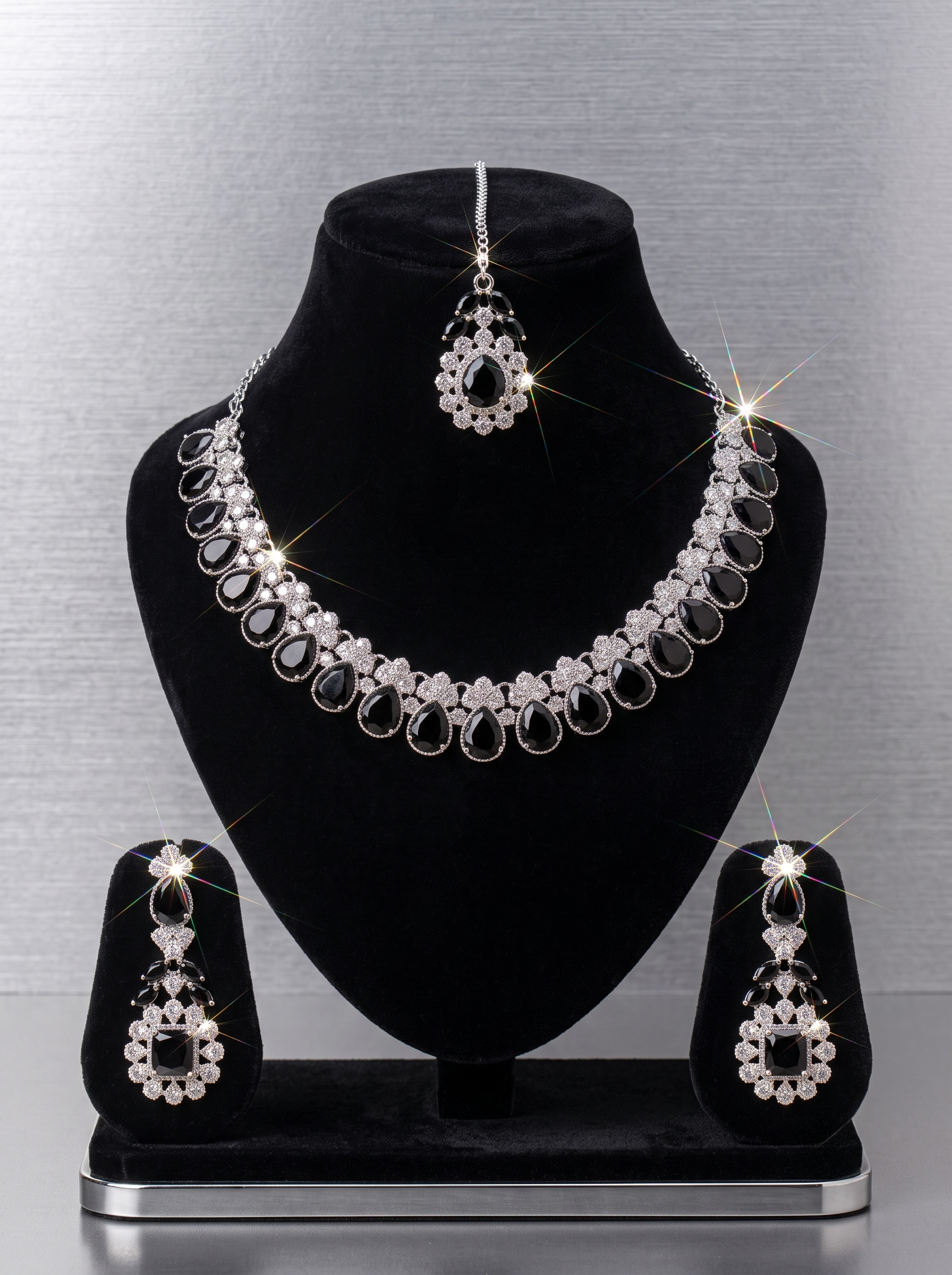 Black Stone and Silver Diamond Jewellery Set with Necklace, Maang Tikka, and Earrings.