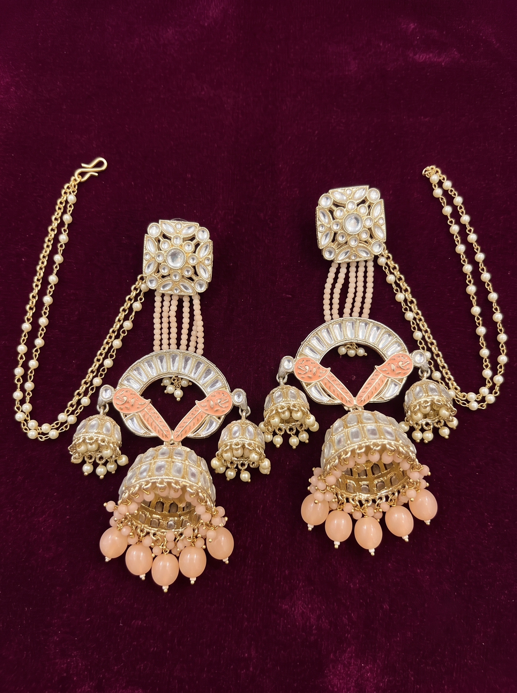 Bridal Kundan Jhumki Earrings with Pearl Sahara Support