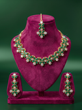 Floral Green Stone & American Diamond Necklace Set with Maang Tikka and Earrings