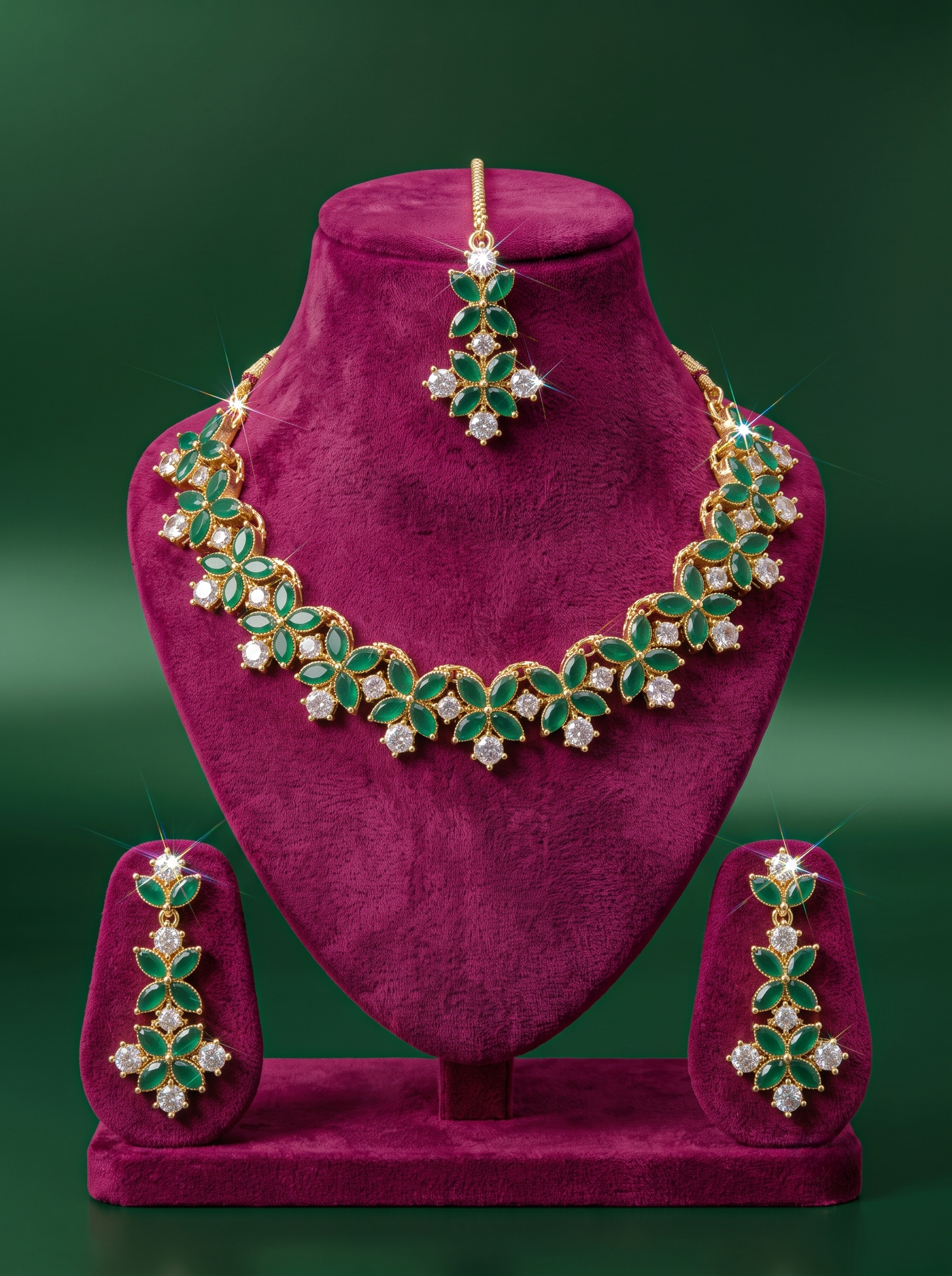Floral Green Stone & American Diamond Necklace Set with Maang Tikka and Earrings