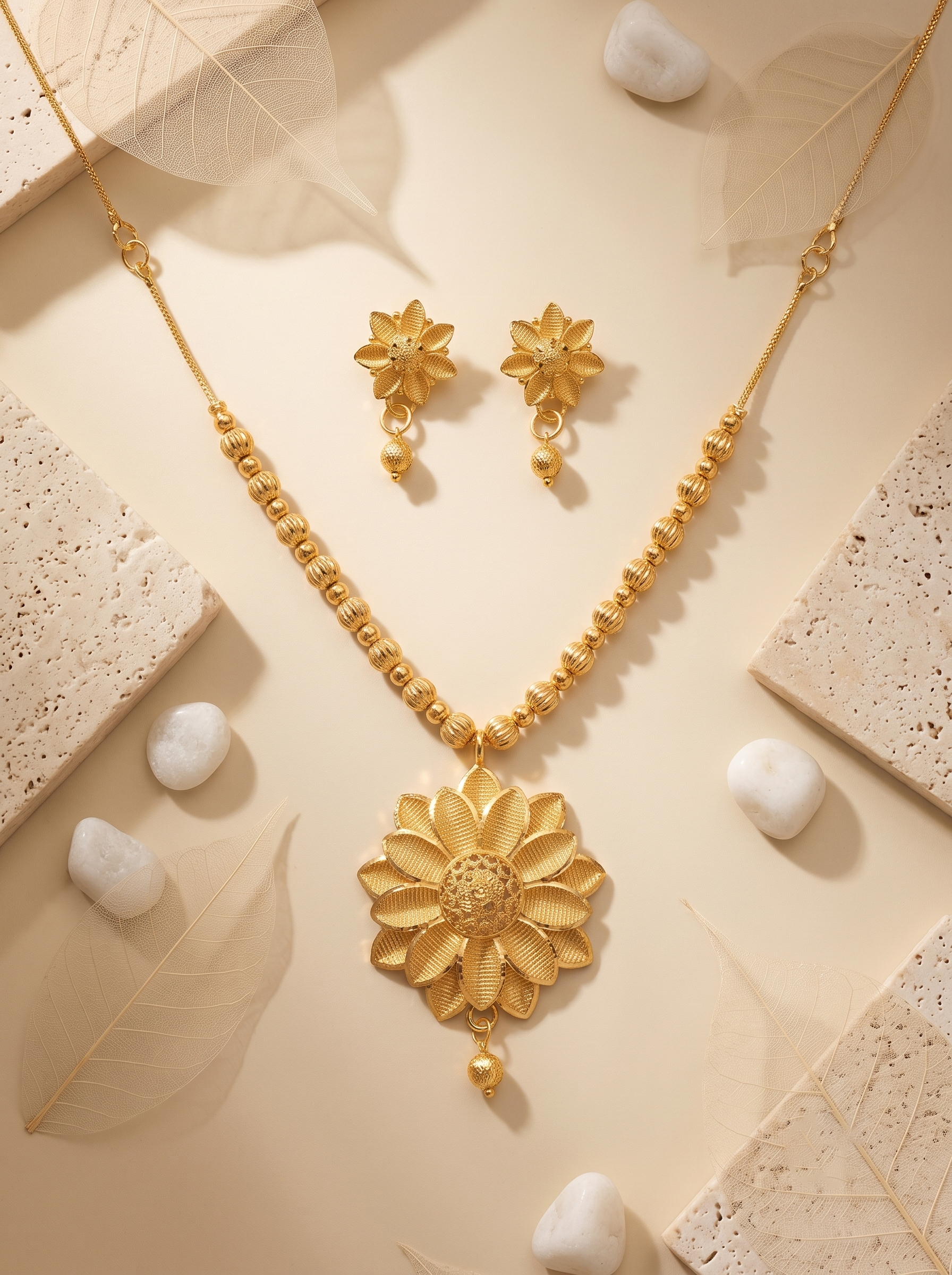 Floral Pendant Gold Beaded Necklace and Earrings Set