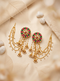 Floral Stone Stud Earrings with Multi-Layered Pearl Ear Chains