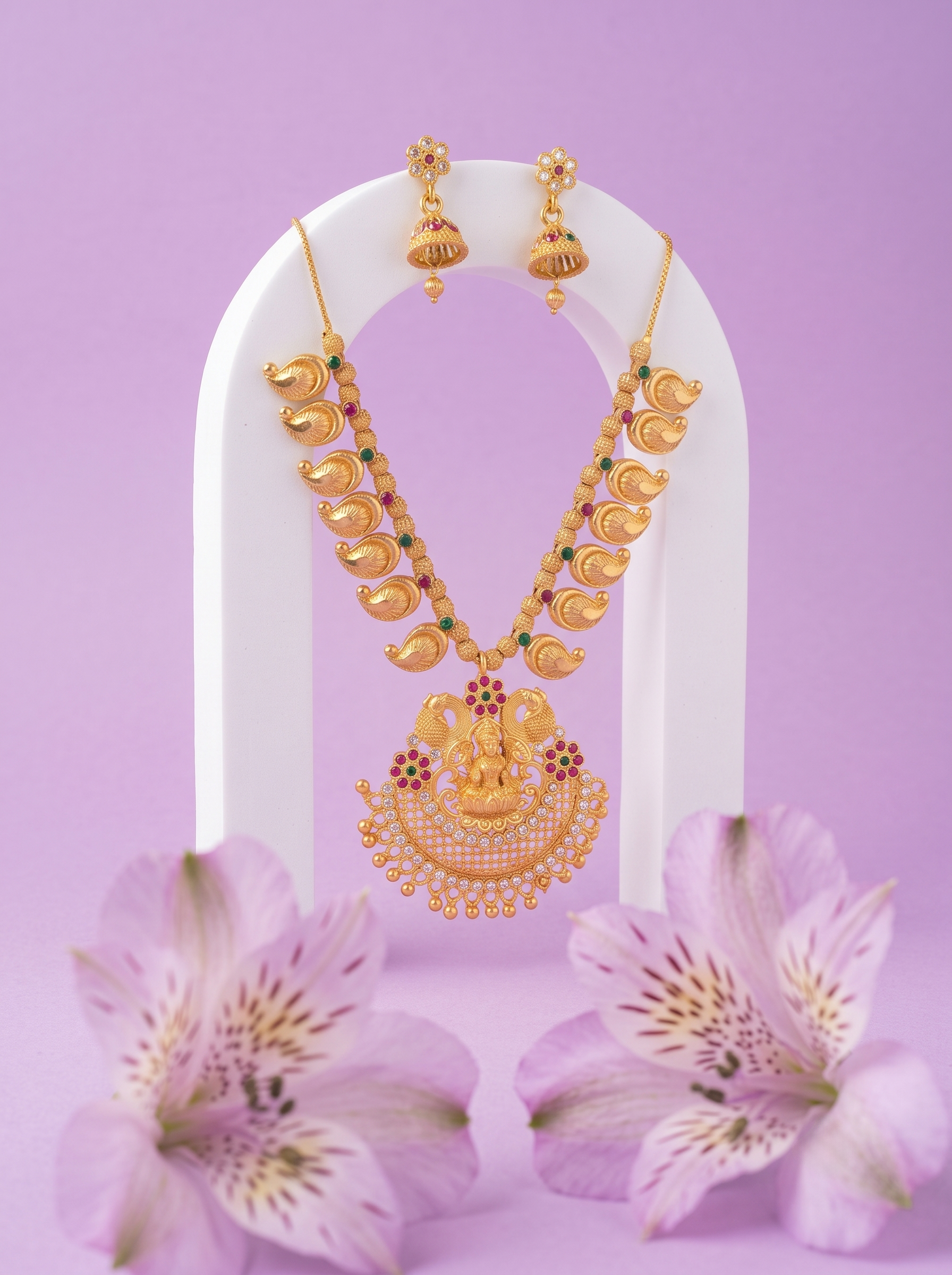Goddess Lakshmi Temple Jewellery Set with Jhumkas