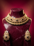 Gold & Green Stone Choker Set with Stud Earrings