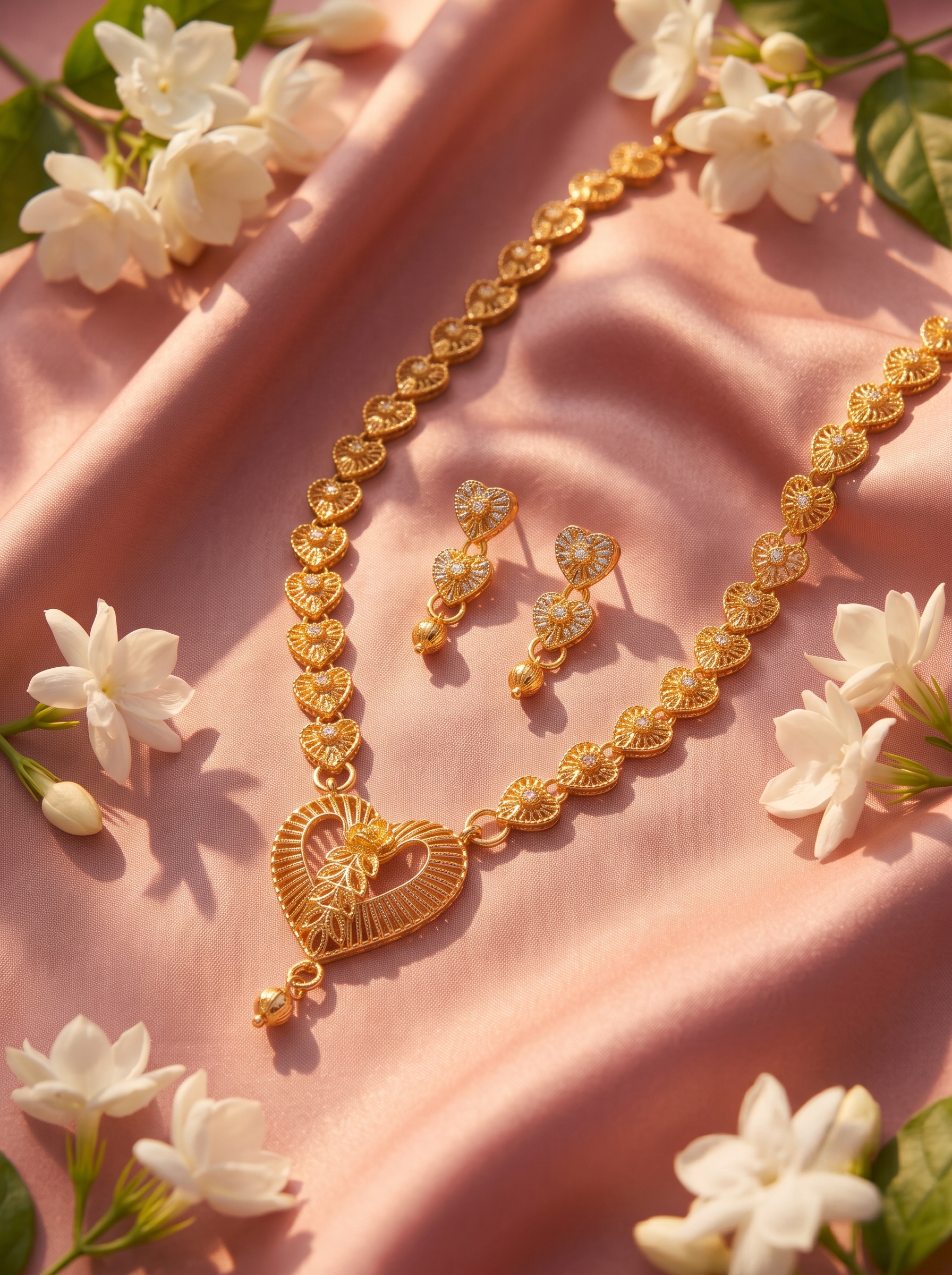 Heart Motif Gold-Plated Filigree Necklace and Drop Earrings Set