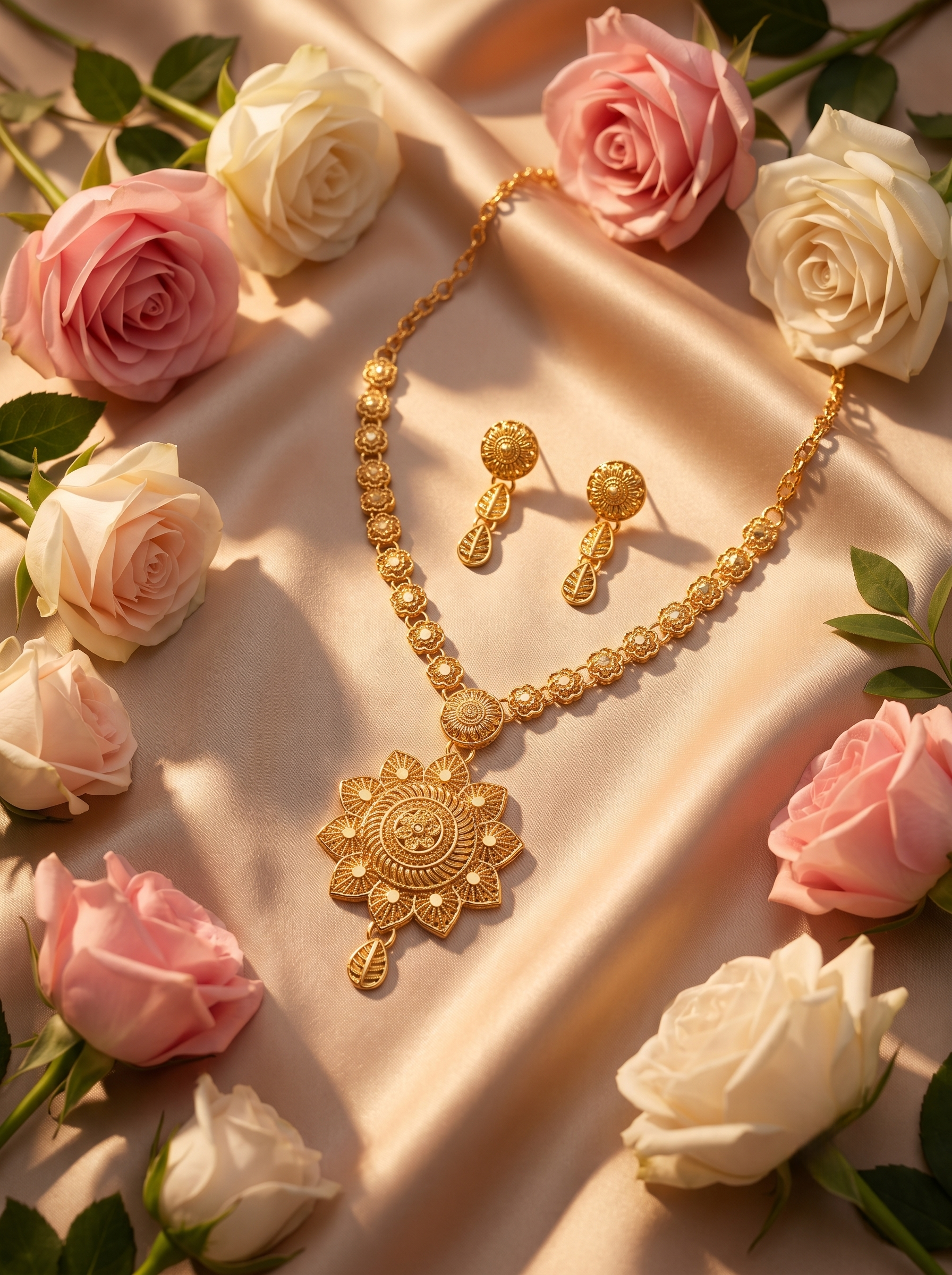 Mandala Floral Pendant Gold Necklace and Earrings Set