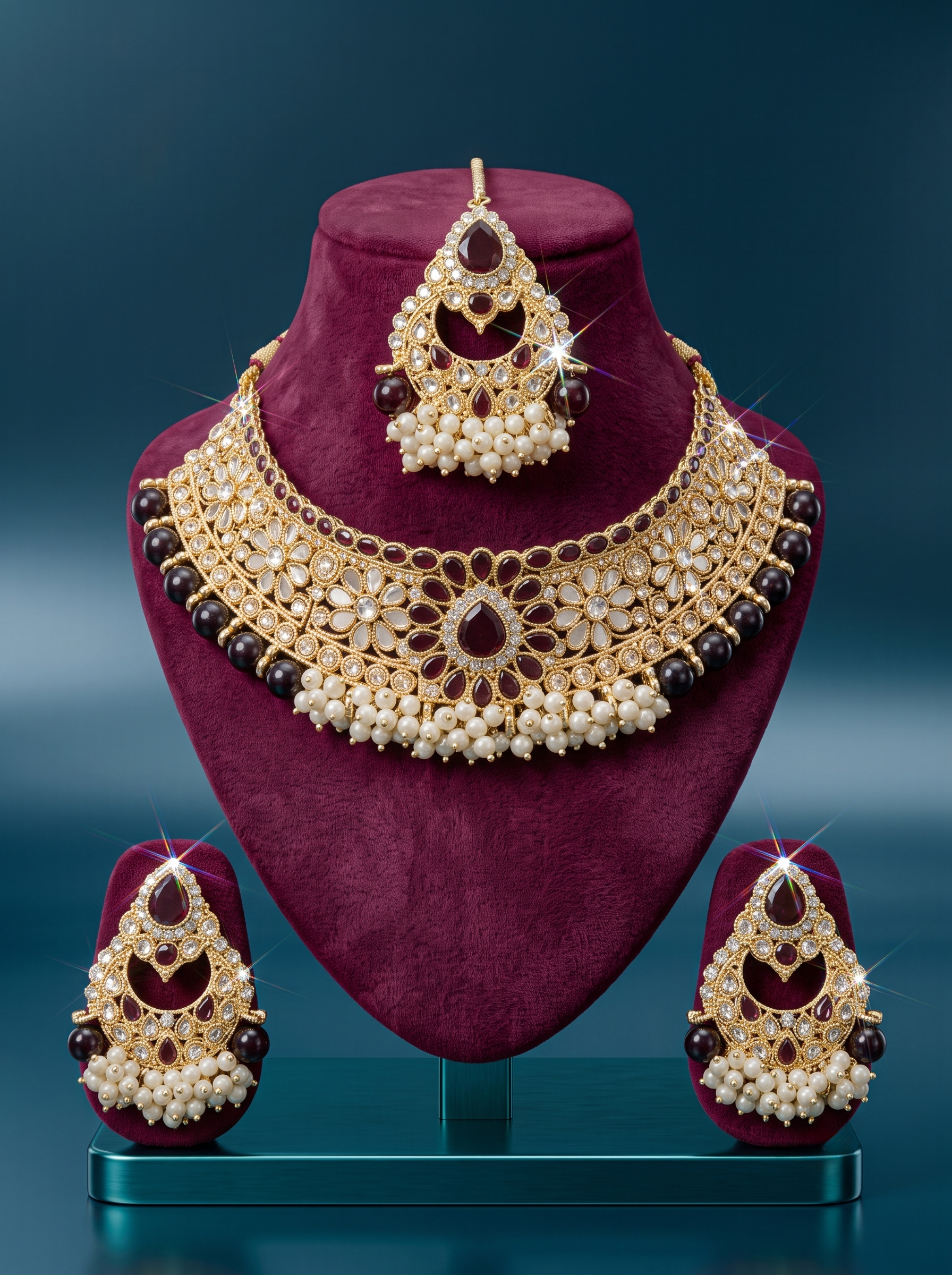 Maroon Stone and Pearl Kundan Bridal Choker Set with Maang Tikka and Earrings