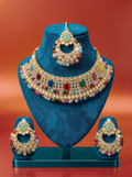 Multicolor Stone and Beaded Kundan Bridal Choker Set with Maang Tikka and Earrings
