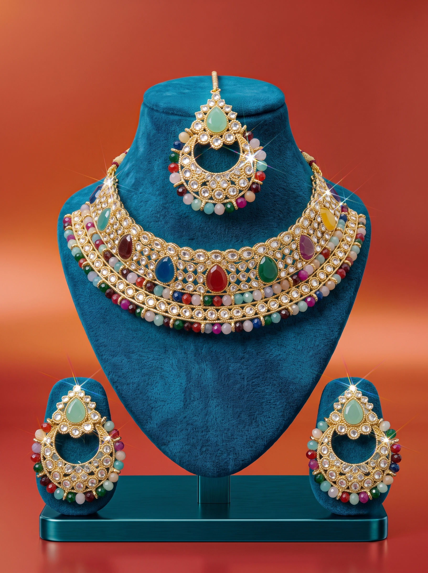 Multicolor Stone and Beaded Kundan Bridal Choker Set with Maang Tikka and Earrings
