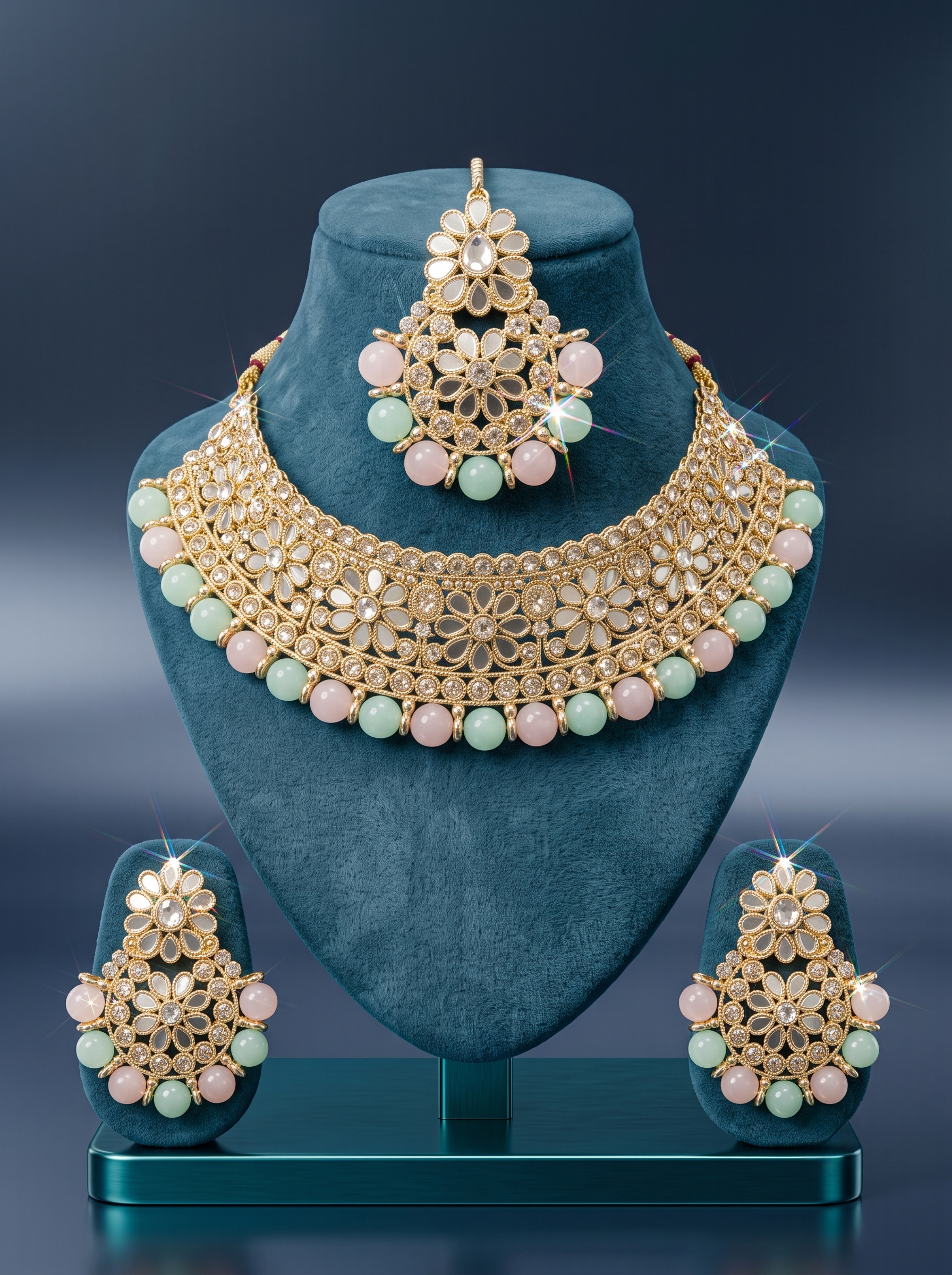 Pastel Bead and Kundan Bridal Choker Set with Maang Tikka and Earrings