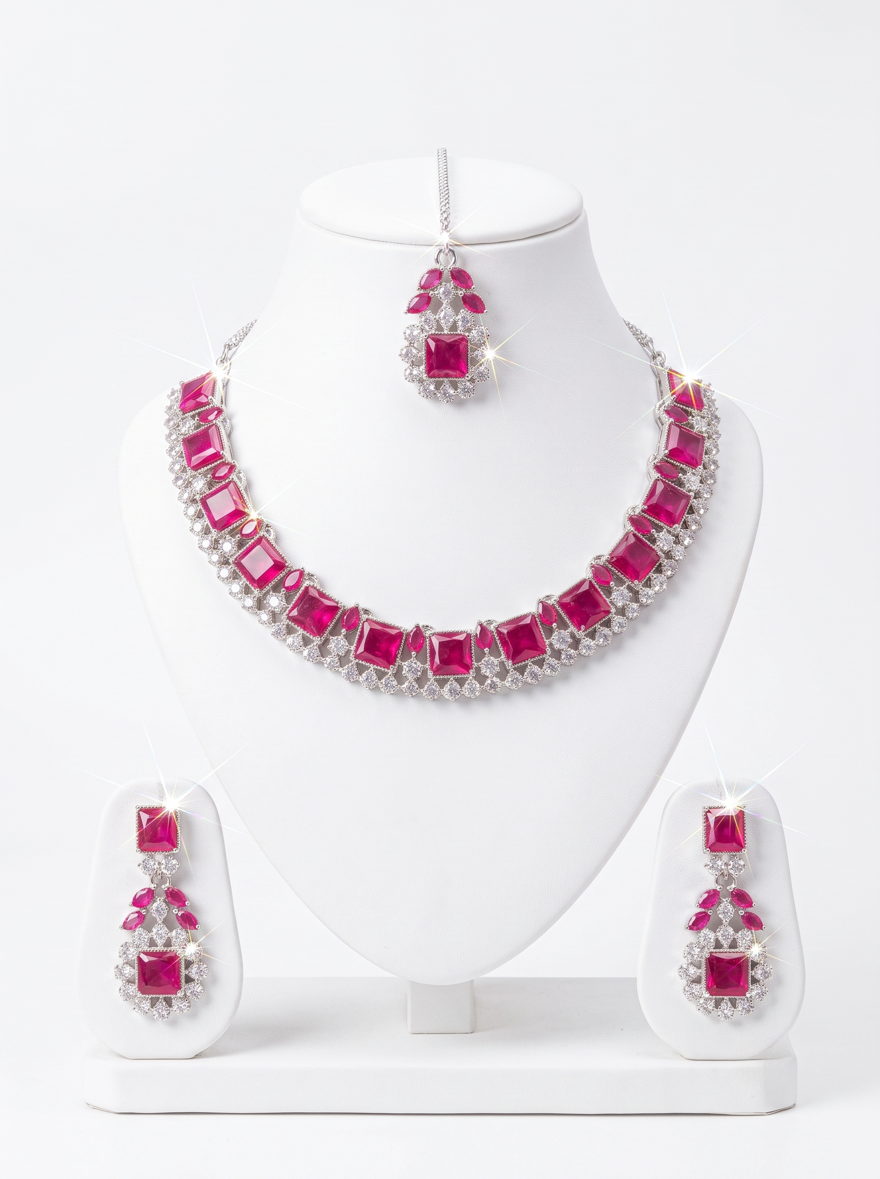 Pink American Diamond Bridal Jewellery Set with Necklace, Tikka, and Earrings